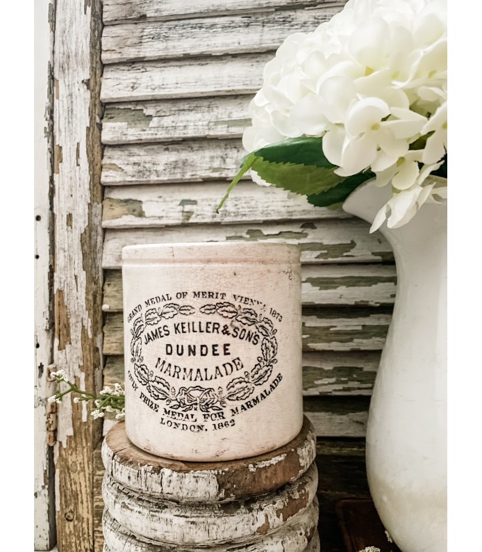 Antique English- James Keiller Dundee Marmalade 2# Chubby Ironstone crock - Crazed/Stained 